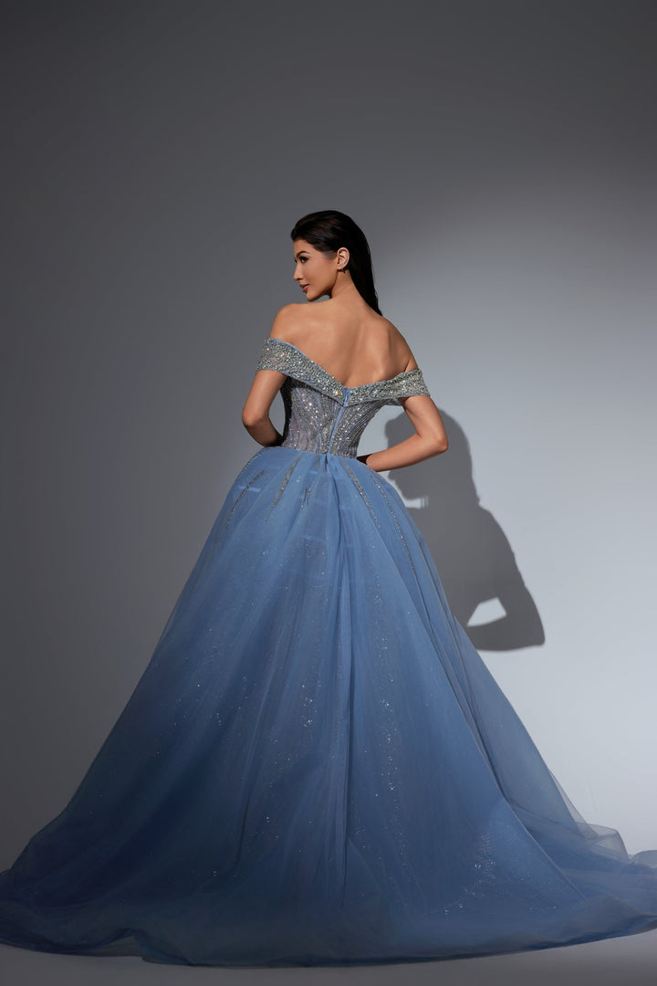 Delilah LD11416 Off-the-Shoulder Beaded Corset Mermaid Gown with Sparkle Overskirt - G.Blue back view