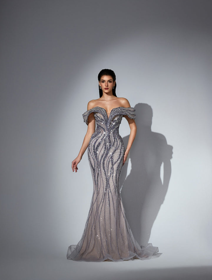 Delilah LD11538 Off-the-Shoulder Plunging Beaded Mermaid Gown with Sparkle Overskirt - Purple front view