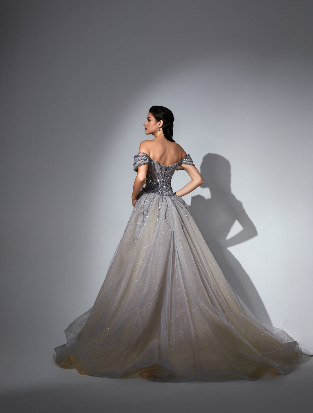 Delilah LD11538 Off-the-Shoulder Plunging Beaded Mermaid Gown with Sparkle Overskirt - Purple back view