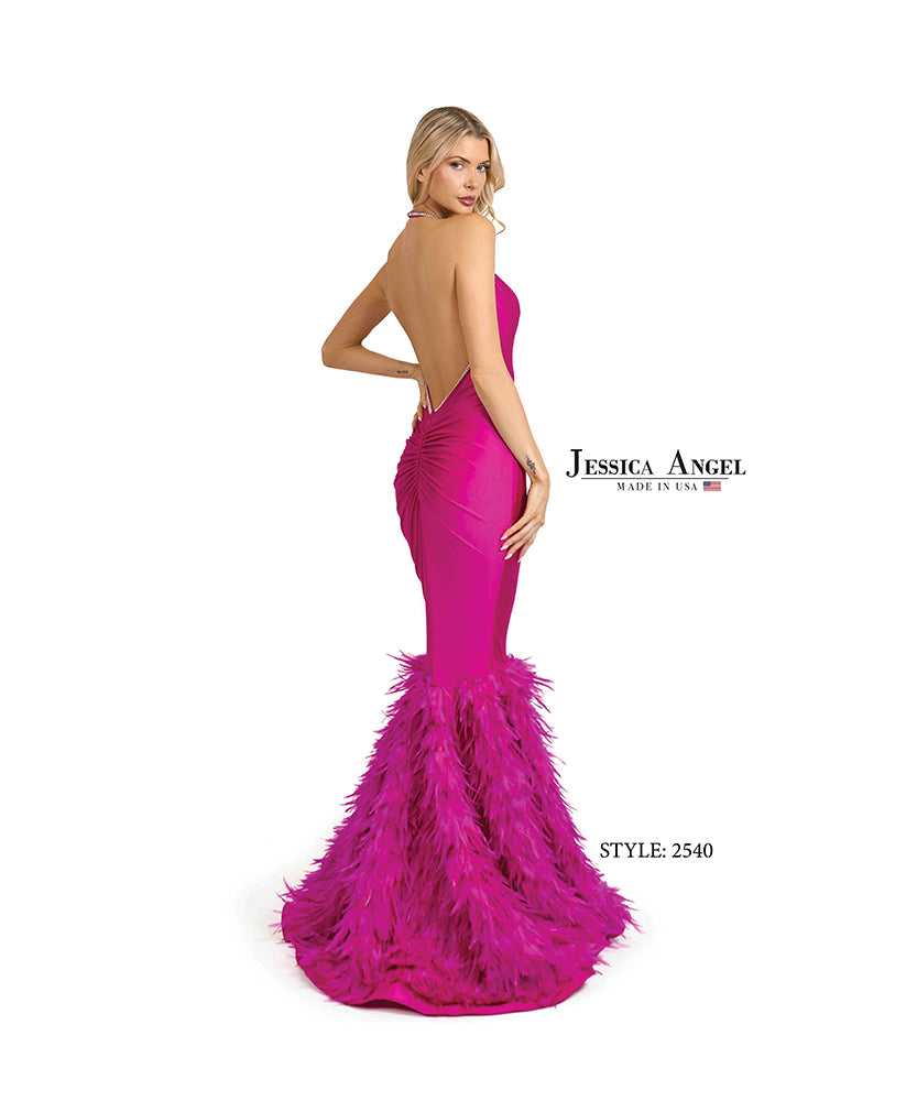 Jessica Angel 2540 feather skirt jersey mermaid gown back view