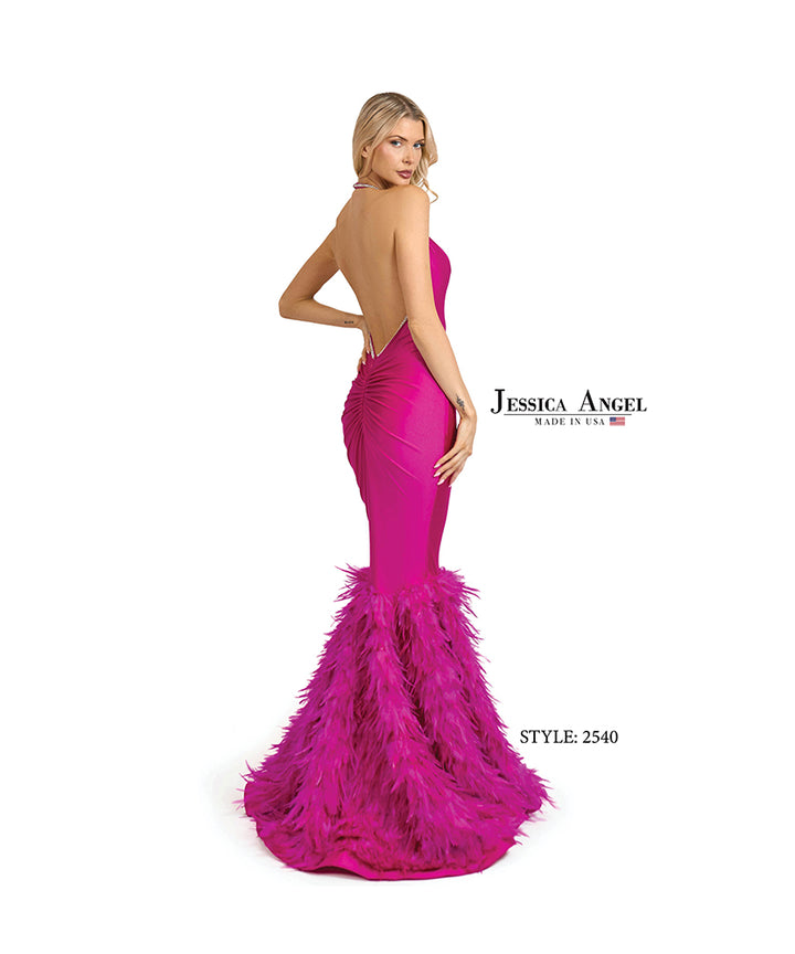 Jessica Angel 2540 feather skirt jersey mermaid gown back view