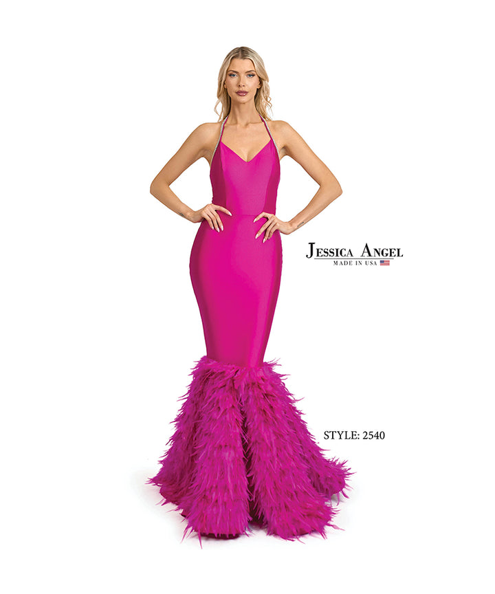 Jessica Angel 2540 feather skirt jersey mermaid gown front view