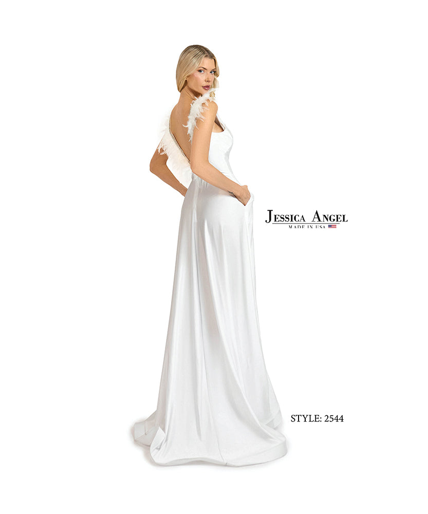Jessica Angel 2544 feather shoulder jersey gown with slit back view