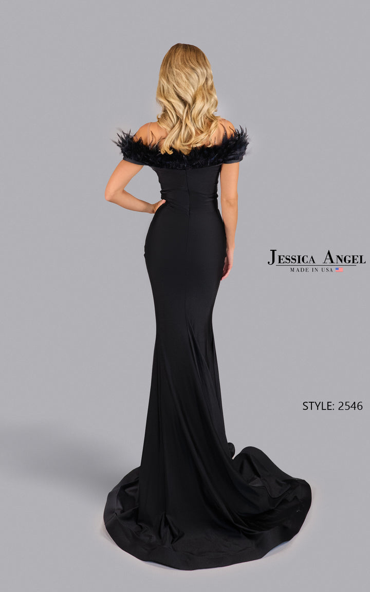 Jessica Angel 2546 feather trim mermaid gown back view