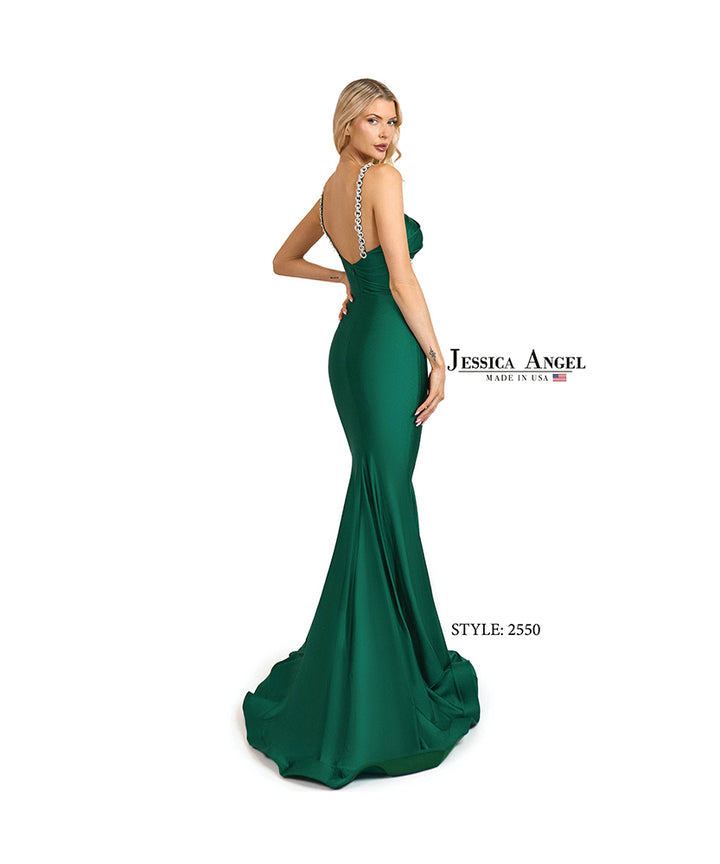 Jessica Angel 2550 crystal strap jersey mermaid gown back view