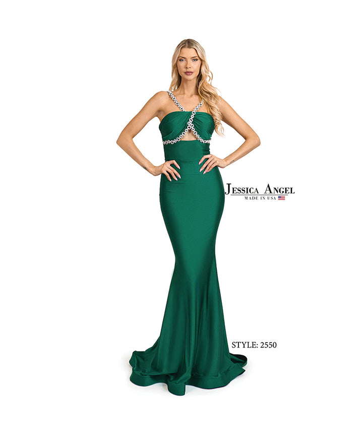 Jessica Angel 2550 crystal strap jersey mermaid gown front view