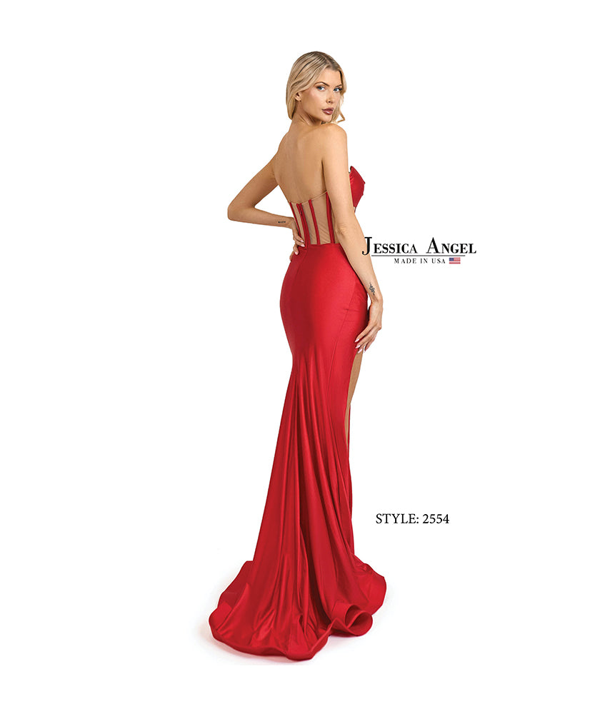 Jessica Angel 2554 strapless corset jersey gown with slit back view