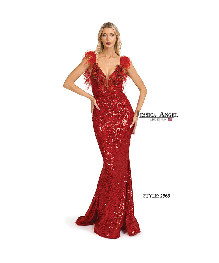 Jessica Angel 2565 feather strap V-neck mermaid gown front view