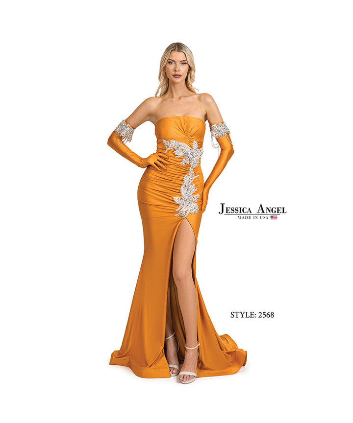 Jessica Angel 2568 strapless applique gown with slit front view