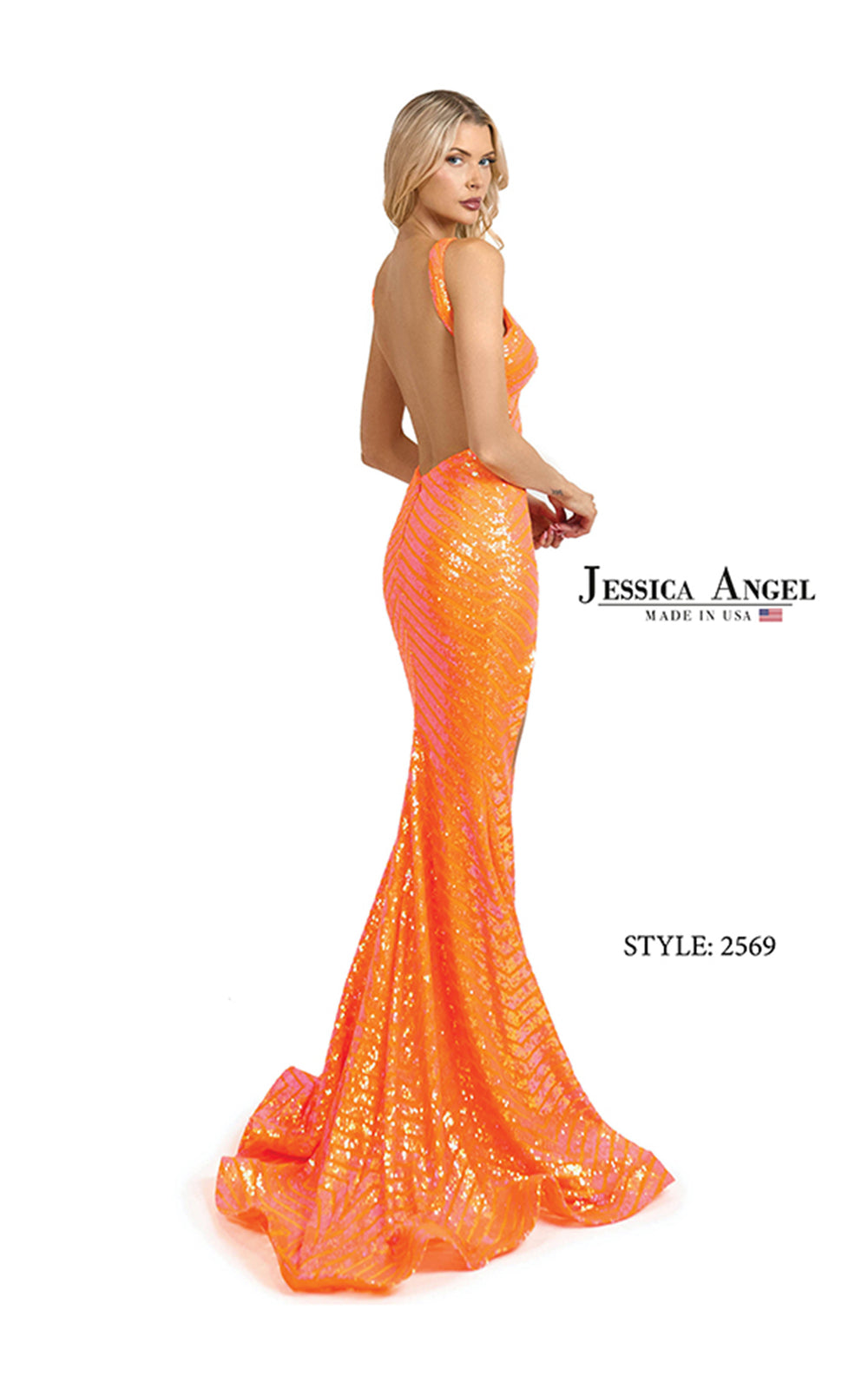 Jessica Angel 2569 open back sequin mermaid gown back view