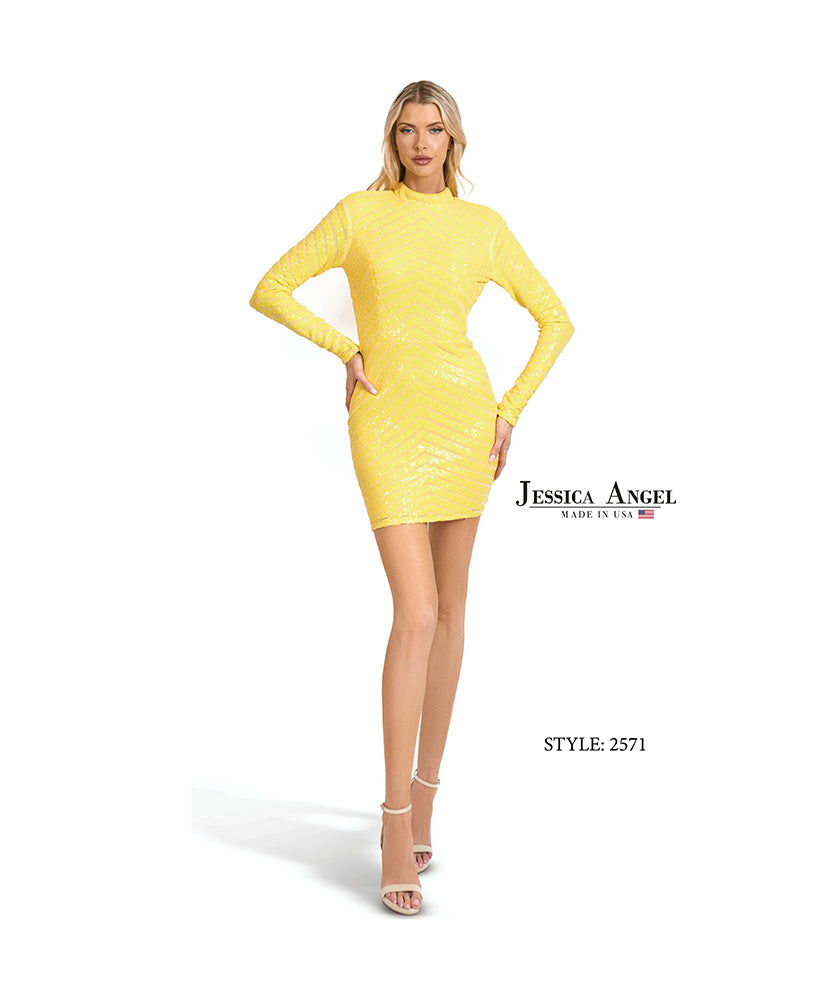 Jessica Angel 2571 long sleeve sequin rhombus cocktail dress front view