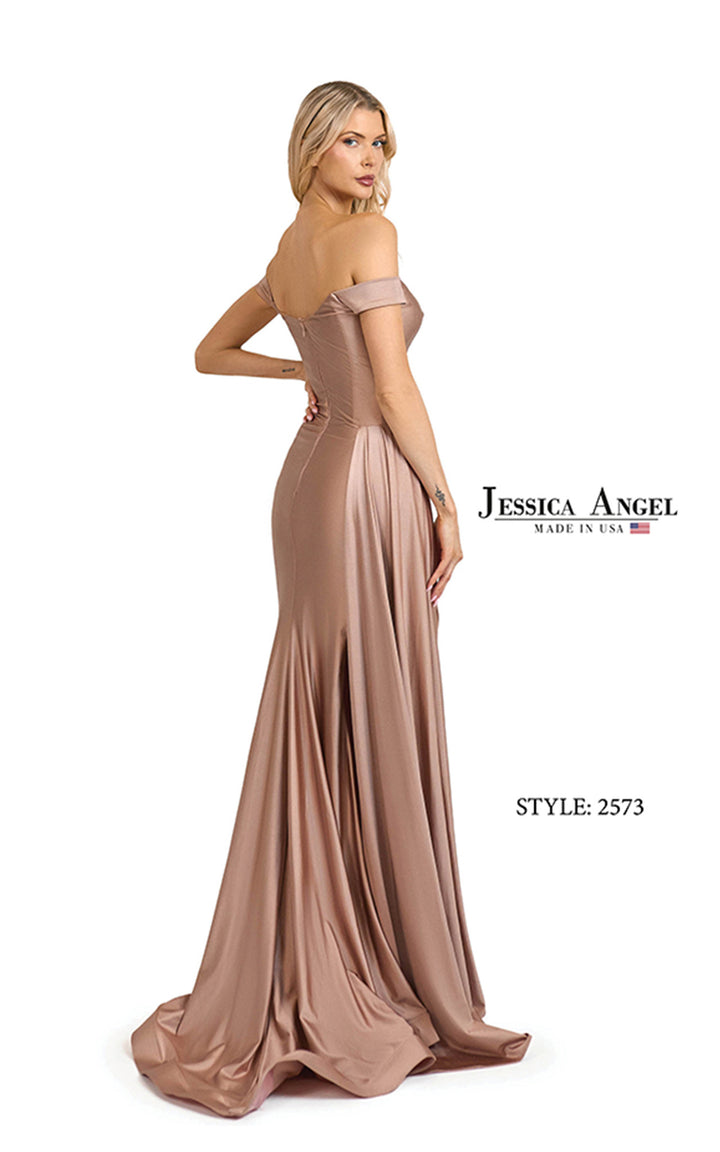 Jessica Angel 2573 off shoulder draped jersey gown back view