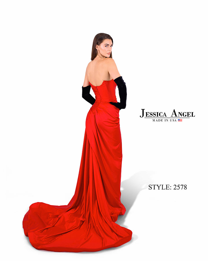 Jessica Angel 2578 strapless jersey gown with gloves front view