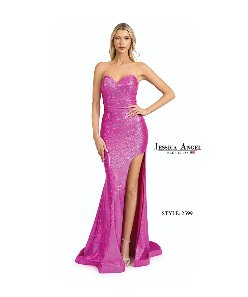 Jessica Angel 2599 strapless gown with slit front view