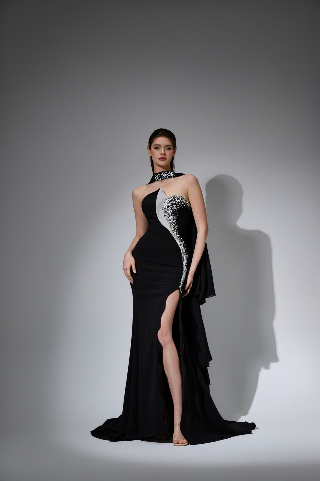Delilah LD41031 Strapless Sweetheart Column Gown with Crystal Swoosh, Choker Drape and Slit - Black front view