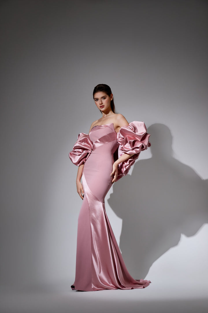 Delilah LD41033 Strapless Asymmetric Draped Mermaid Gown with Beaded Neckline - Pink front view