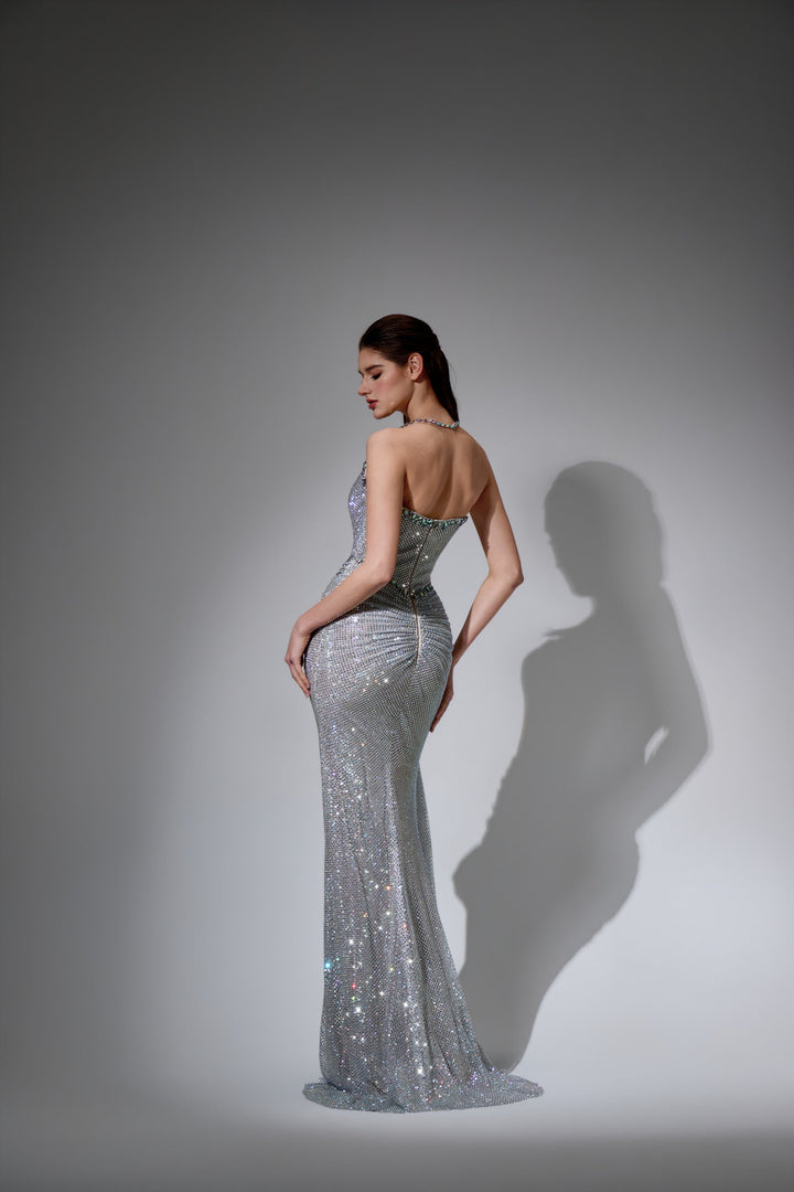 Delilah LD22047 Sequin Halter Sweetheart Draped Mermaid Evening Gown - Silver back view