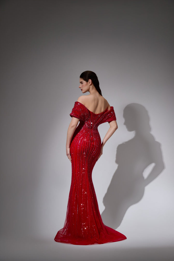 Delilah LD11591 Off-the-Shoulder Folded Band Sweetheart Beaded Corset Mermaid Gown - Red back view