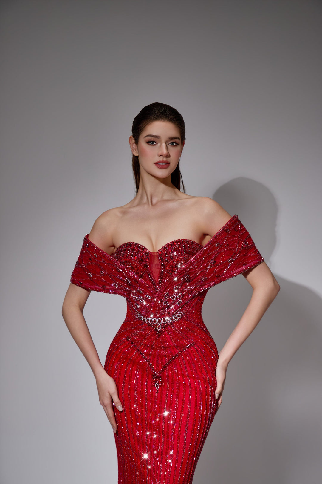 Delilah LD11591 Off-the-Shoulder Folded Band Sweetheart Beaded Corset Mermaid Gown - Red close-up view