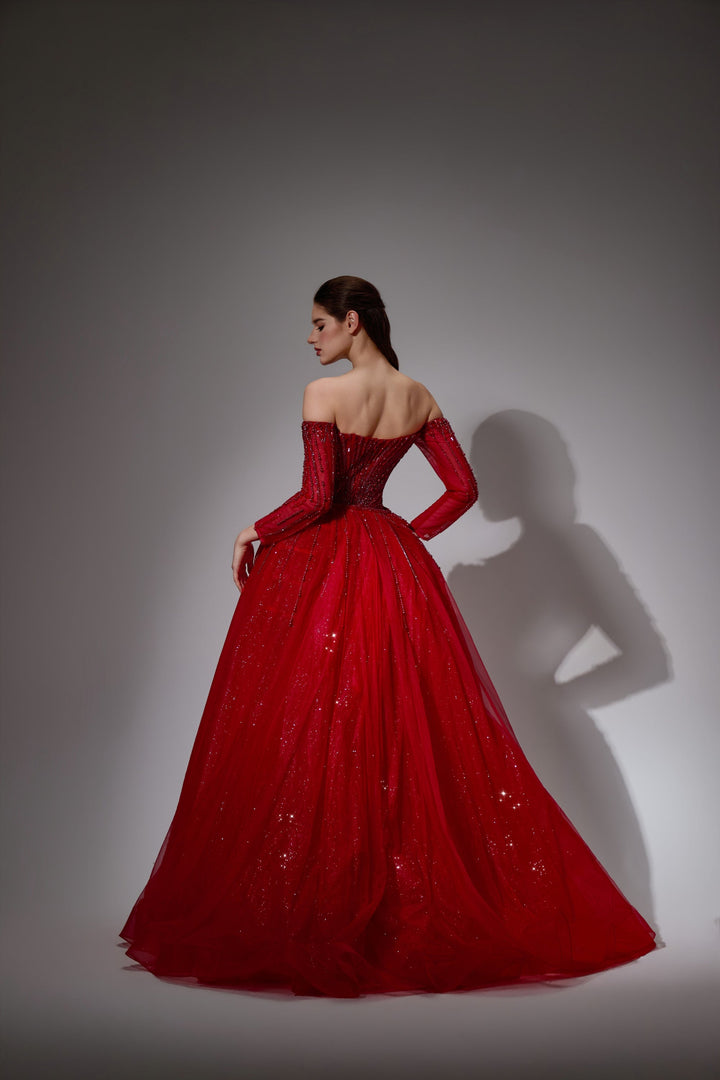 Delilah LD11539 Off-the-Shoulder Long Sleeve Beaded Corset Sheath Gown with Sparkle Overskirt - Red back view
