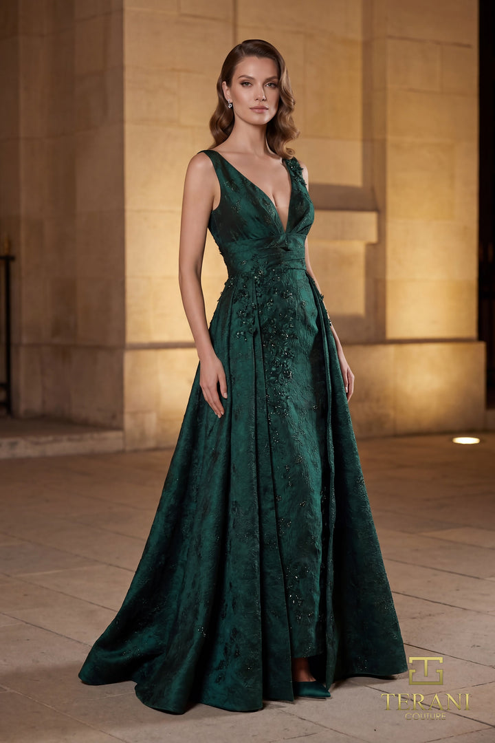Terani 262E7138 V-Neck Sleeveless A-Line Dress