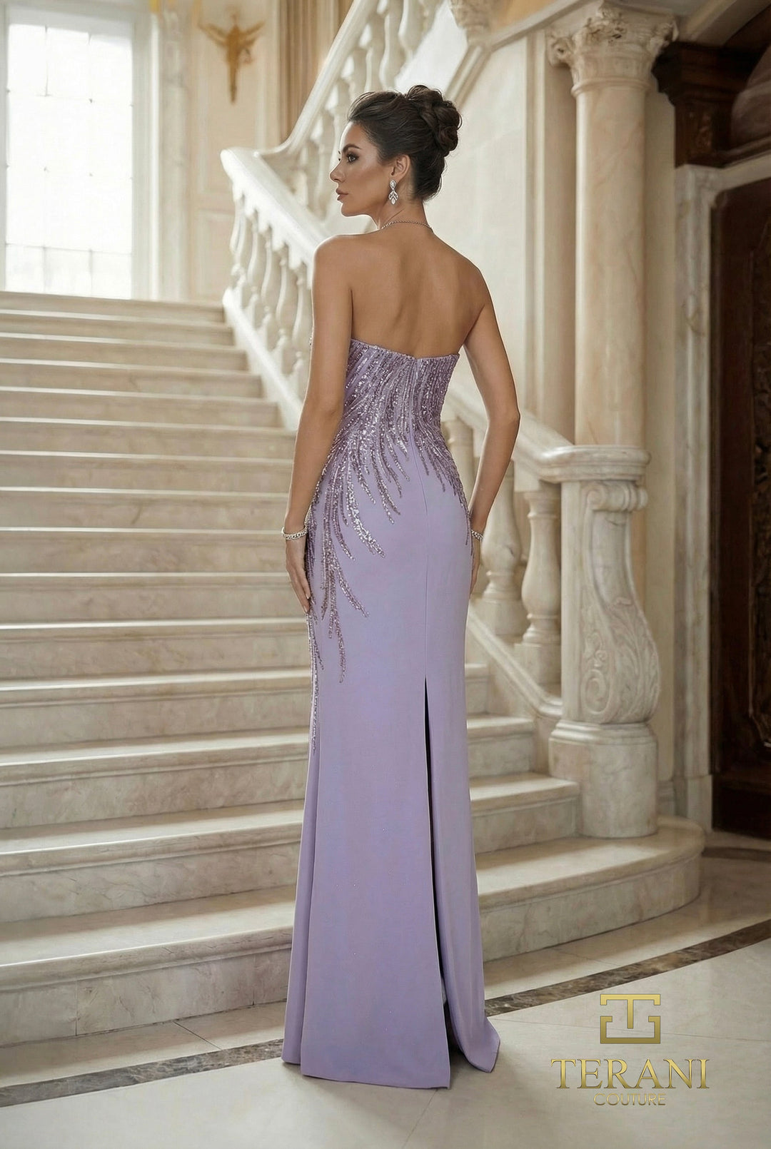 Terani 262E7354 One-Shoulder Sleeveless Beaded Sheath Dress