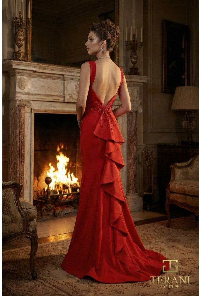 Terani 262E7359 low back cascading ruffle evening gown back view