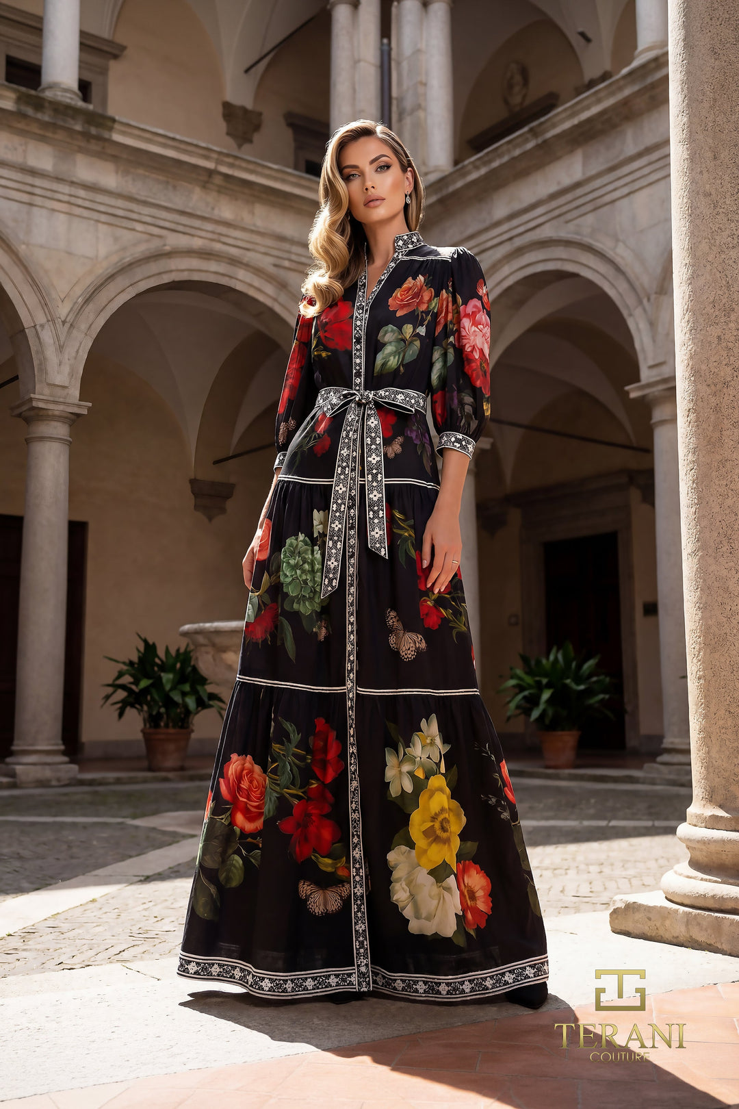 Terani 262E7508 V-Neck Puff-Sleeve A-Line Dress