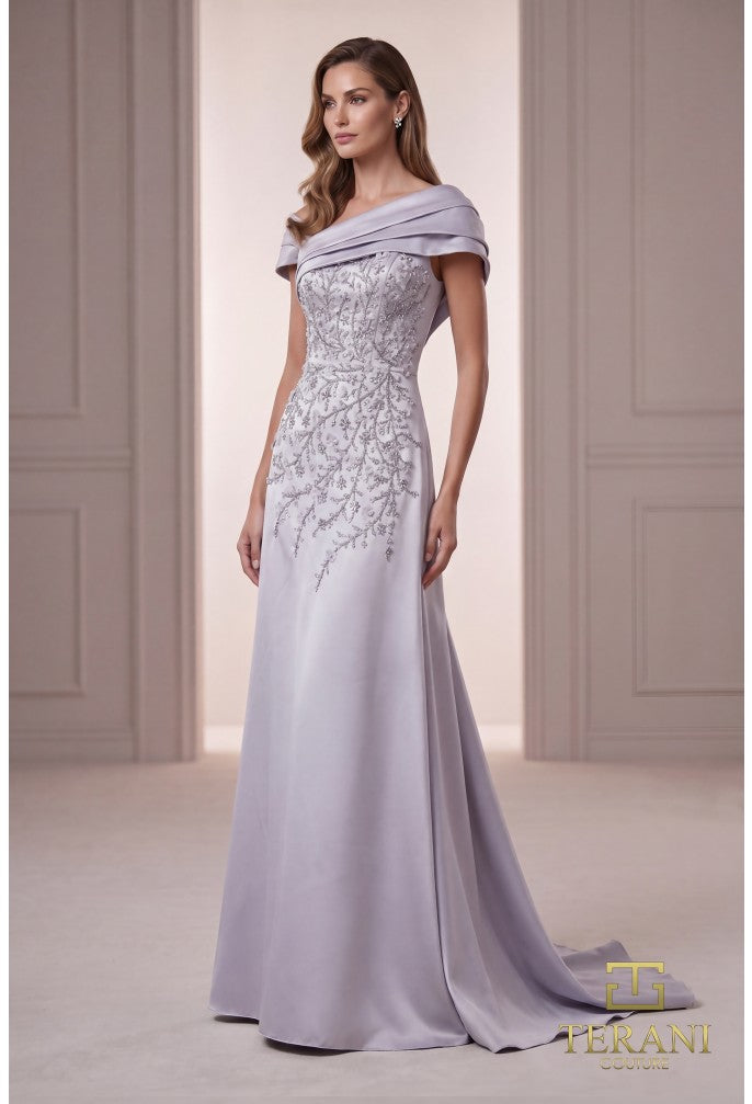 Terani 262M7258 Portrait Cross-Over Draped Cap Sleeve Corset Dress