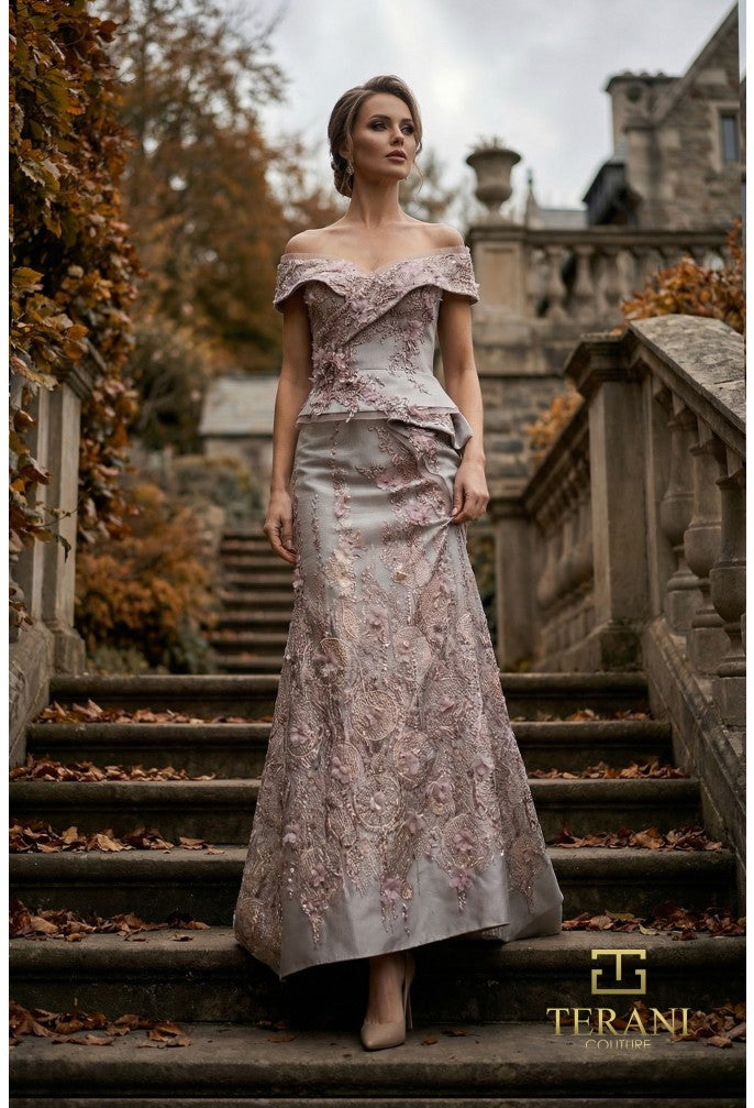 Terani 262M7268 Portrait Neckline Cap Sleeve Structured Corset Dress