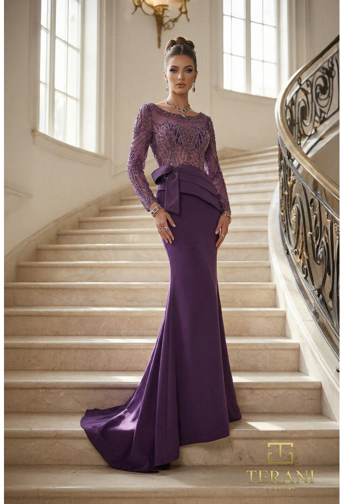Terani 262M7293 Illusion Bateau Neckline Long Sleeve Mermaid Dress