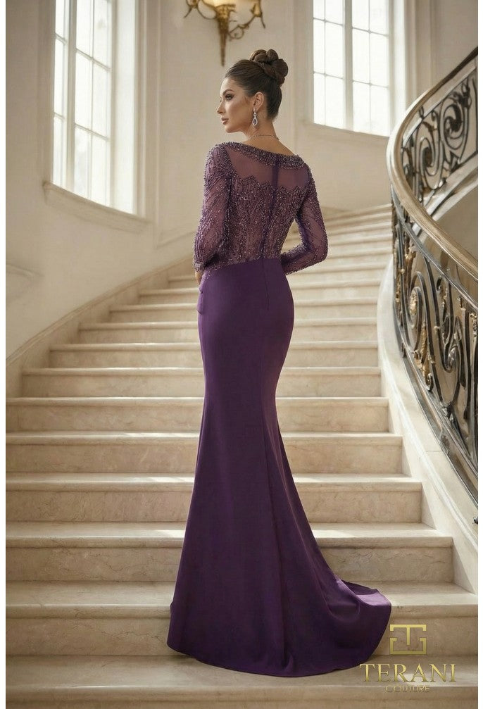 Terani 262M7293 Illusion Bateau Neckline Long Sleeve Mermaid Dress