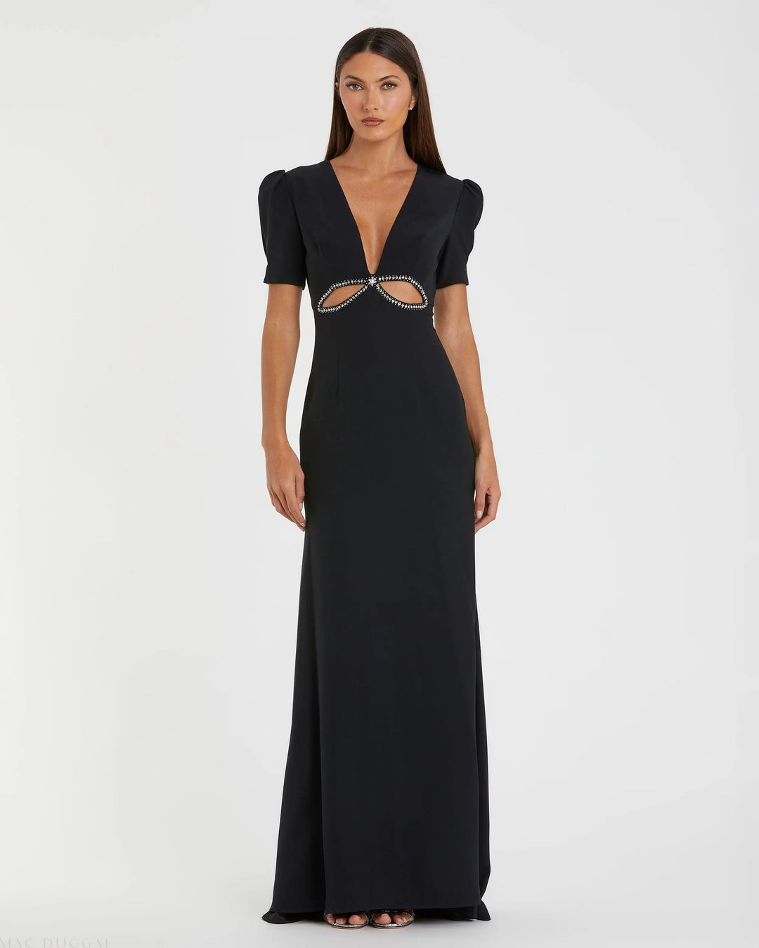 Mac Duggal 2630 Plunge Neck Puff Sleeve Cut Out Gown