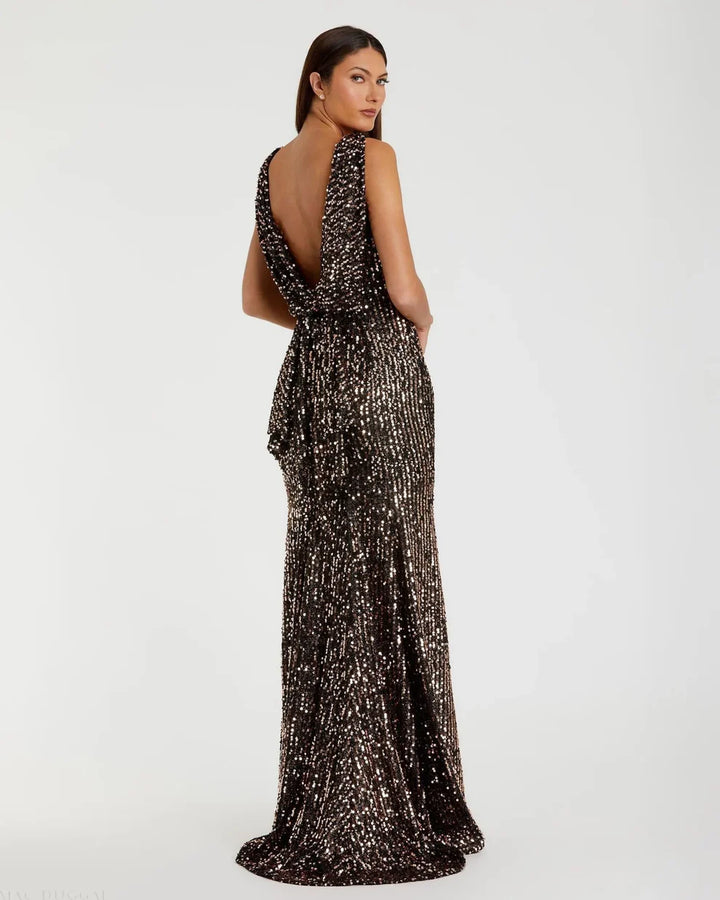 Mac Duggal 9926331P Petite Cowl Back Boat Neck Sequined Evening Gown