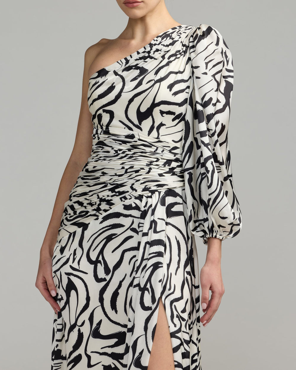 Mac Duggal 2634 One Sleeve Floral Print Charmeuse Dress With Slit