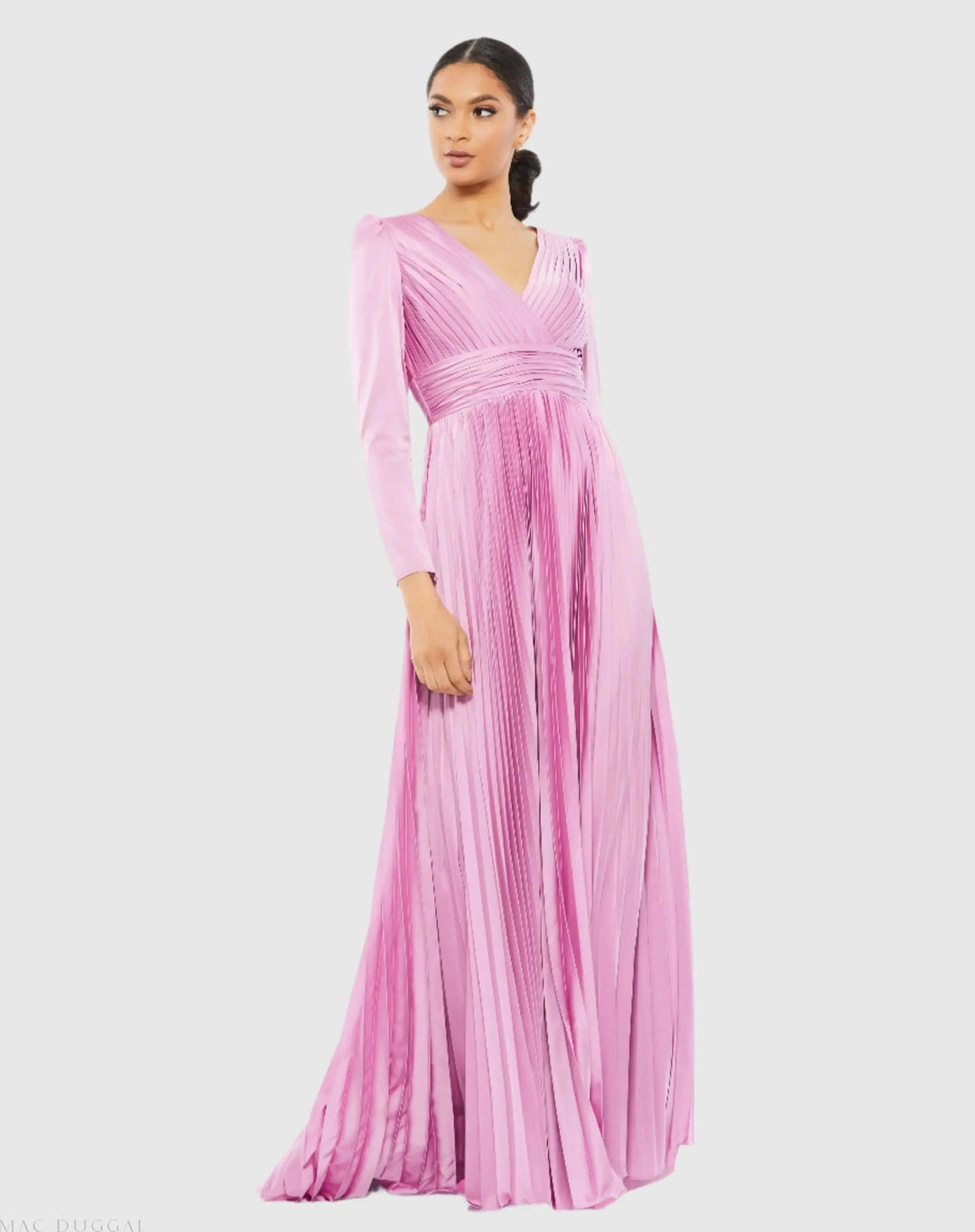 Mac Duggal 26542 Pleated Long Sleeve V-Neck Gown