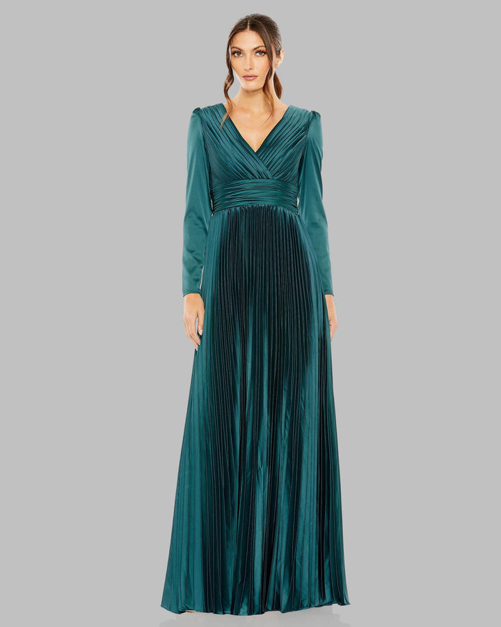 Mac Duggal 26542 Pleated Long Sleeve V-Neck Gown
