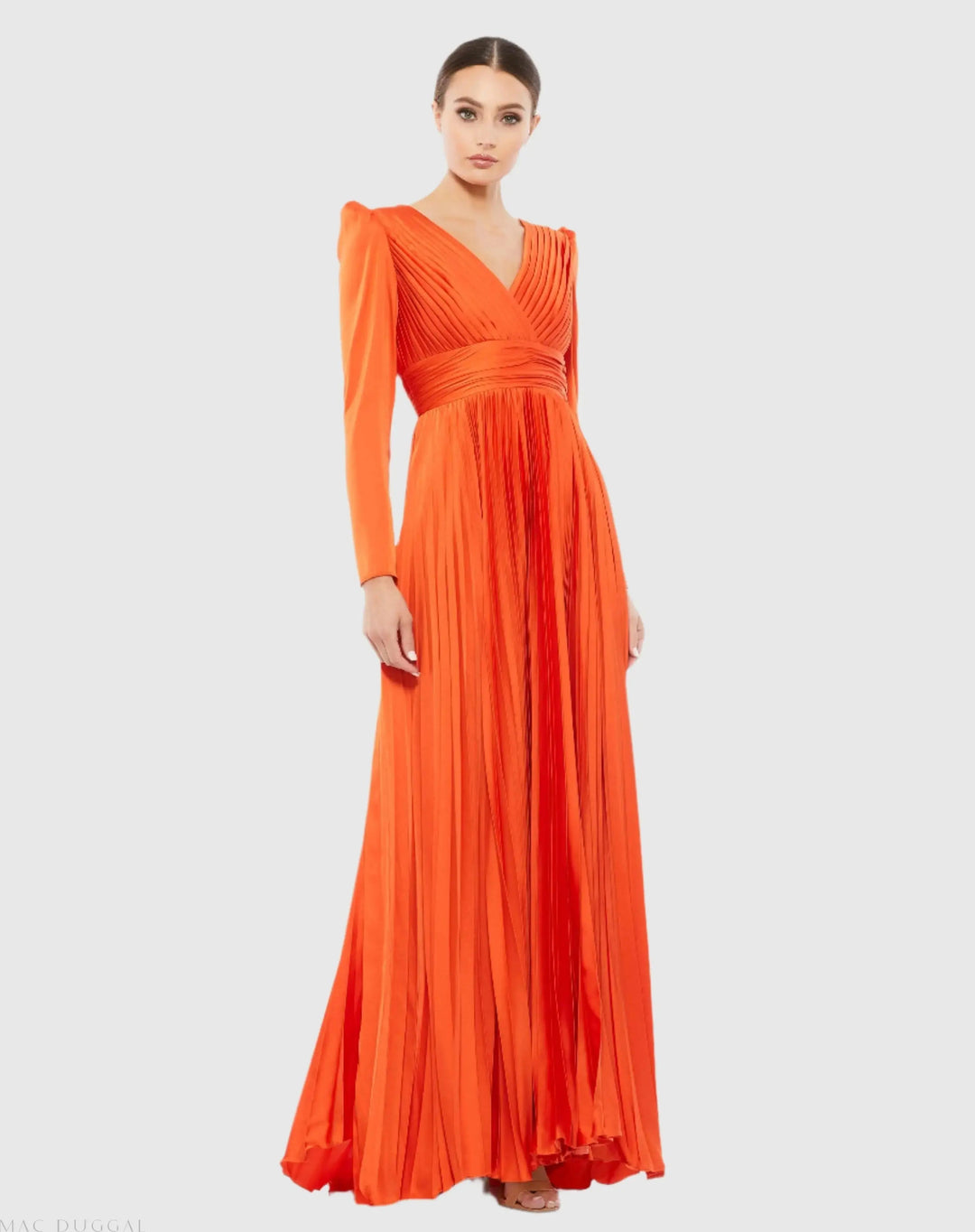 Mac Duggal 26542 Pleated Long Sleeve V-Neck Gown