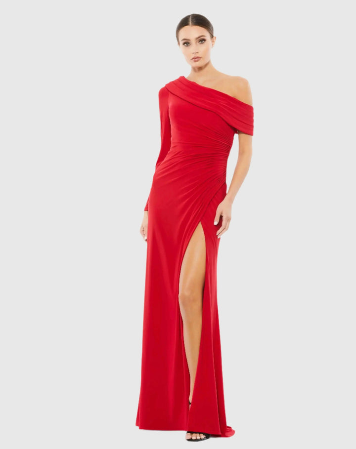 Mac Duggal 26570 Ruched Jersey Drop Shoulder Foldover Gown
