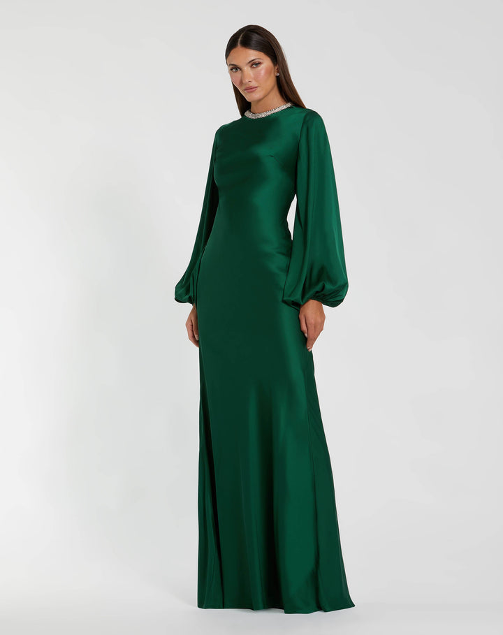 Mac Duggal 26575 Satin Long Blouson Sleeve Evening Gown