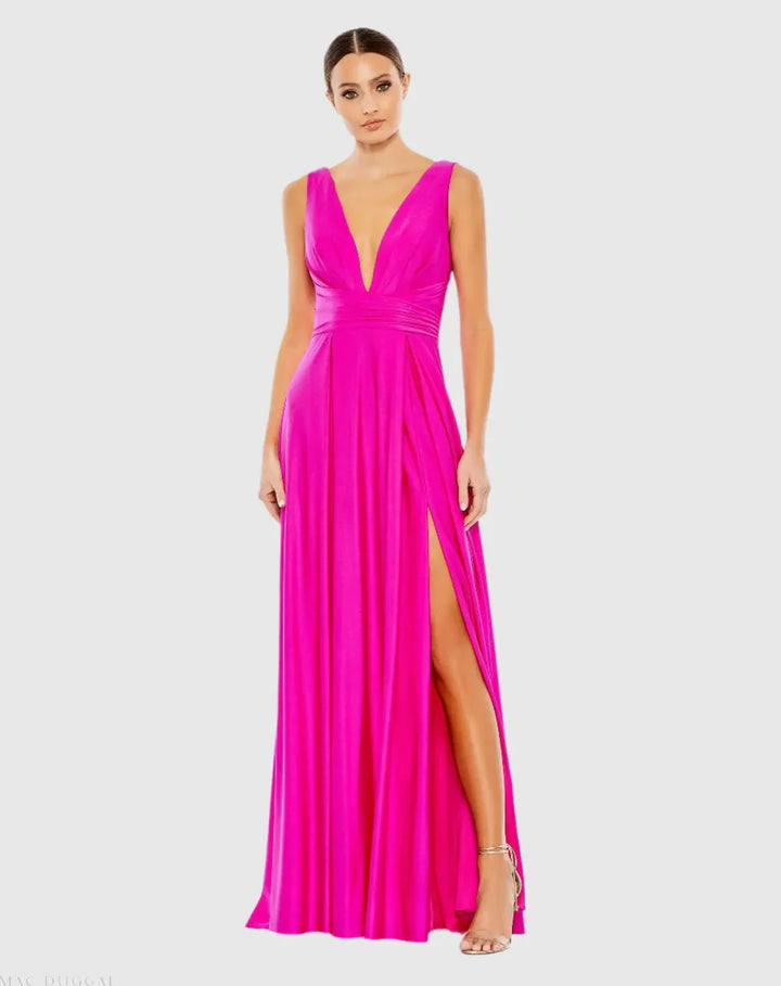 Mac Duggal 26578 Blue Jersey Plunge Neck Evening Gown