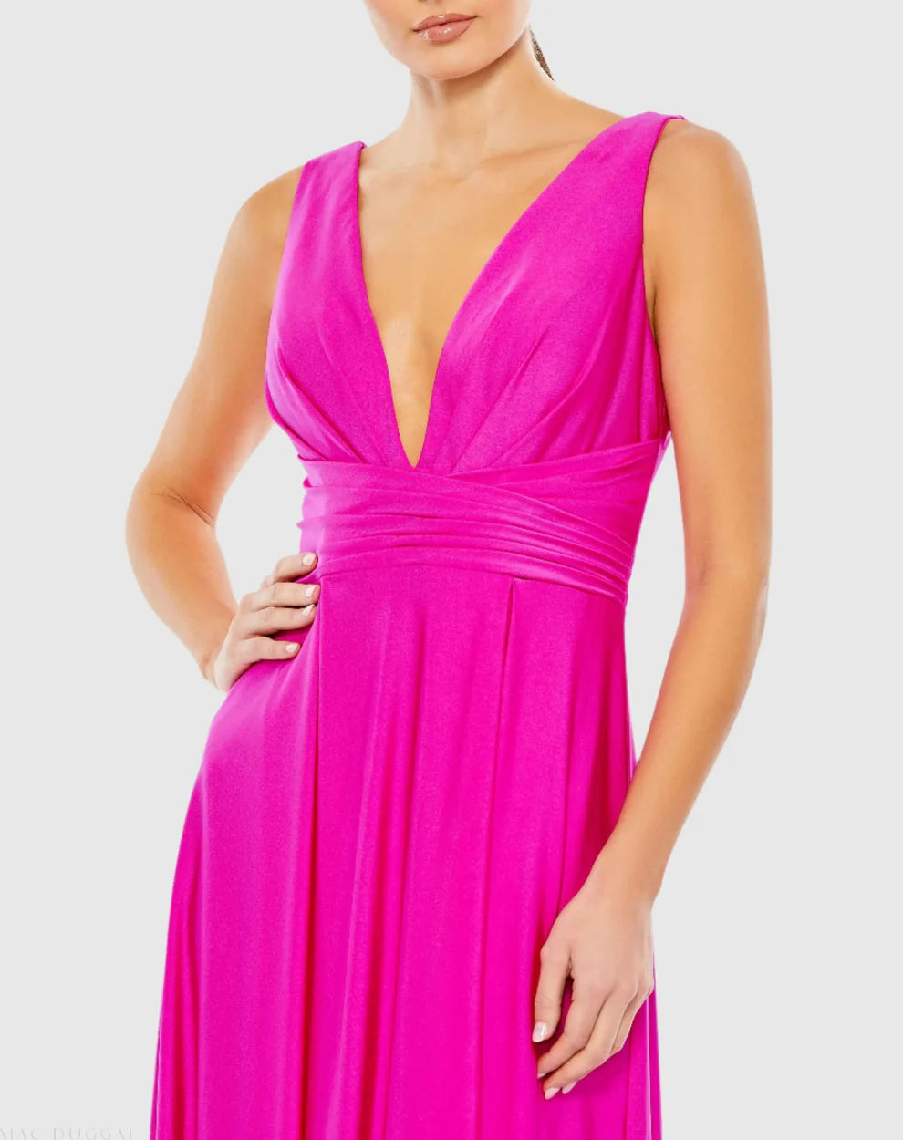 Mac Duggal 26578 Blue Jersey Plunge Neck Evening Gown