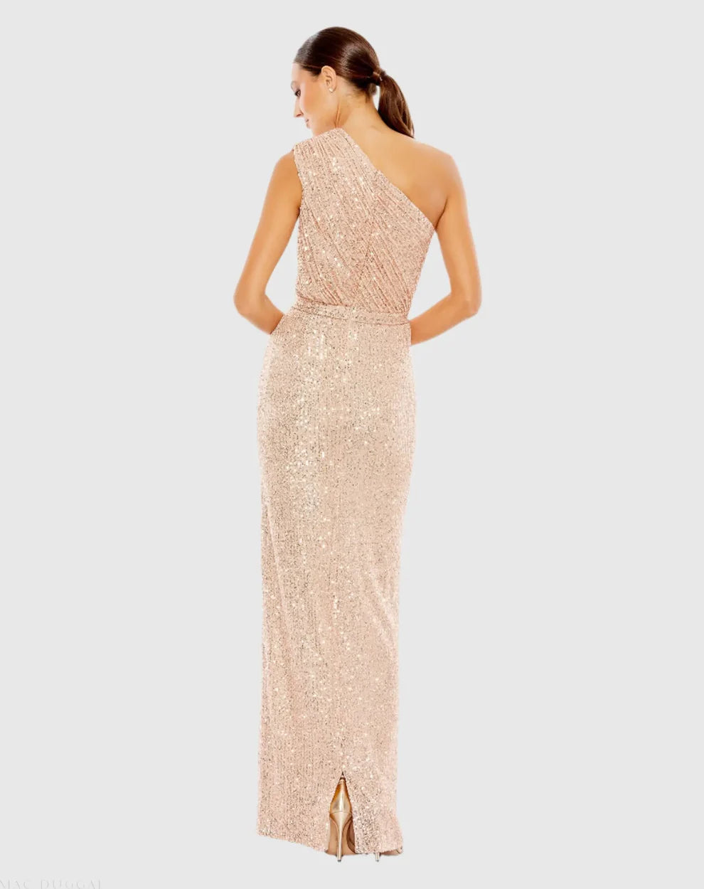 Mac Duggal 9926694P Petite Dark Green Sequined Ruched One Shoulder Gown