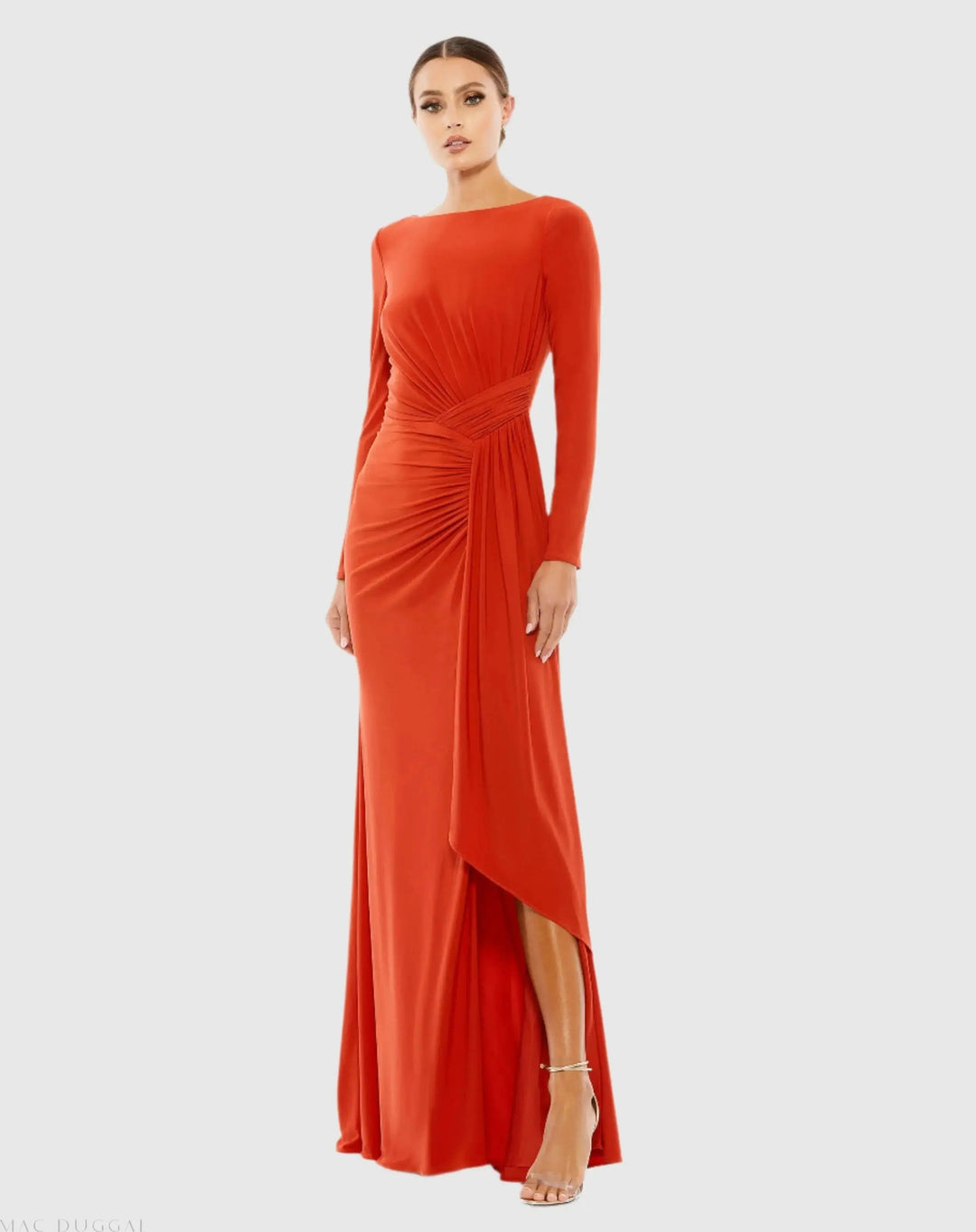 Mac Duggal 26714 Ruched Long Sleeve Boat Neck Gown