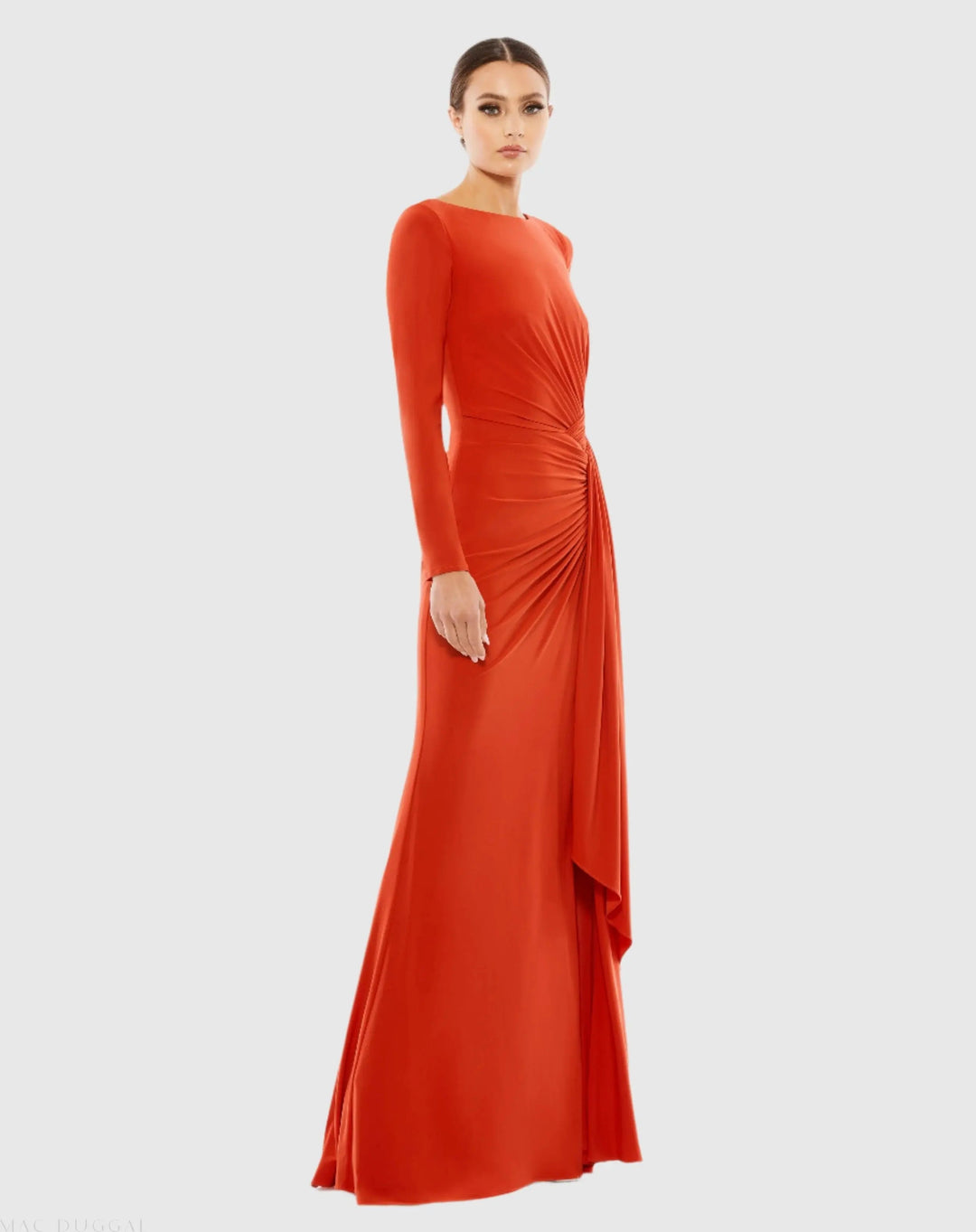 Mac Duggal 26714 Ruched Long Sleeve Boat Neck Gown