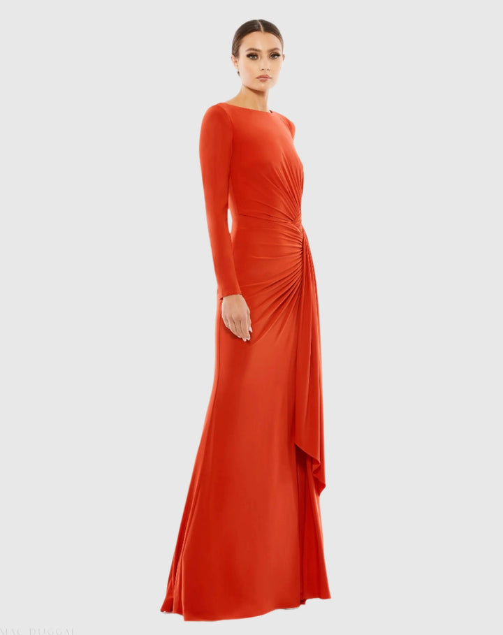 Mac Duggal 26714 Ruched Long Sleeve Boat Neck Gown