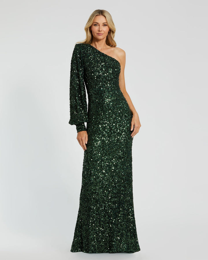 Mac Duggal 26717 Sequined One Shoulder Bishop Sleeve Trumpet Gown