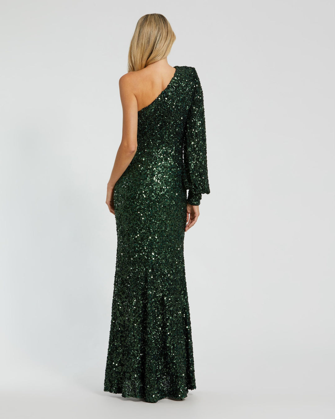 Mac Duggal 26717 Sequined One Shoulder Bishop Sleeve Trumpet Gown