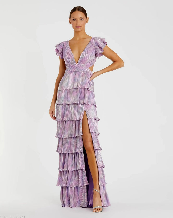 Mac Duggal 26740 Purple Ruffle Tiered Criss Cross Lace Up Gown