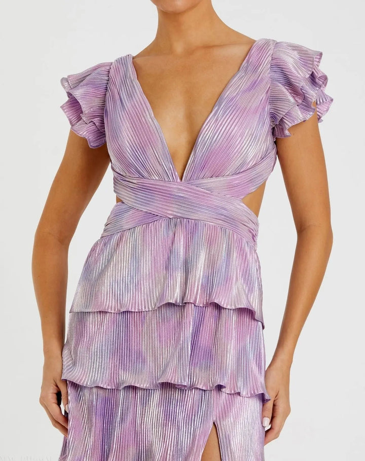 Mac Duggal 26740 Purple Ruffle Tiered Criss Cross Lace Up Gown